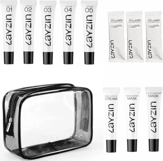 LAYZIN Explore Travel Set – Complete Mini Skincare Routine – 12-delige Set met 8 Serums, 2 Overnight Masks, SPF30 Dagcrème & Collageen – Hydratatie, Anti-Aging, Gevoelige Huid – Voor Alle Huidtypen & Reizen
