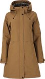 Bruine capuchonparka met zwarte knopen en verstelbare capuchon. De jas heeft voorzakken en een opgerolde mouw met tekstprint.