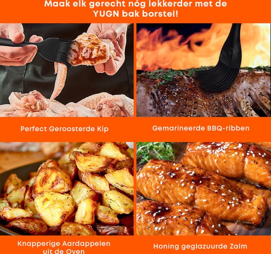 Collage van vier afbeeldingen die het gebruik van de bakkwast laten zien: kip marineren, BBQ-ribben glaceren, aardappelen uit de oven, zalm glaceren. Tekst: Maak elk gerecht nóg lekkerder met de YUGN bak borstel! Perfect Geroosterde Kip. Gemarineerde BBQ-ribben. Knapperige Aardappelen uit de Oven. Honing glazuurde Zalm.