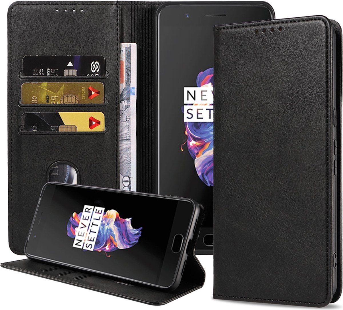 Smartphonica Telefoonhoesje geschikt voor OnePlus 5 kunstleren Hoesje met Magnetische sluiting en Pasjeshouders Book Case met Klepje - Zwart geschikt voor OnePlus 5