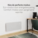 Witte glazen convectorverwarming aan een muur in een kantoorruimte, met digitaal display.