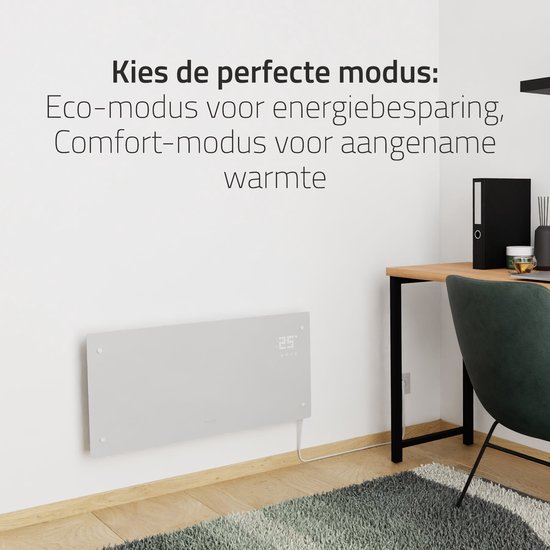 Witte glazen convectorverwarming aan een muur in een kantoorruimte, met digitaal display.