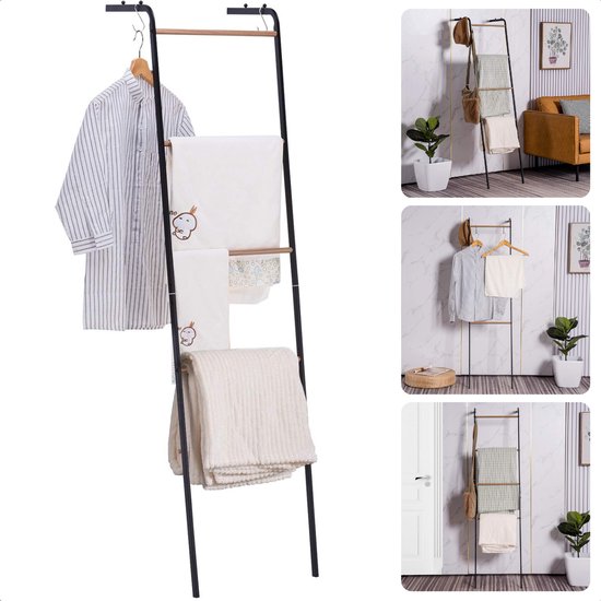 Cheqo® Porte-serviettes sur pied - Échelle décorative - Échelle à serviettes - Support mural - Porte-vêtements - Autonome - Métal Zwart et bois - 160 cm - Porte-échelle de salle de bain