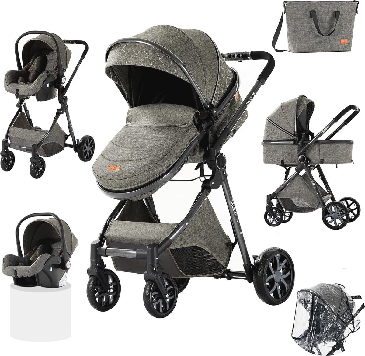 Image of 3-in-1 kinderwagen met opvouwbaar ontwerp en verstelbare duwfunctie voor pasgeborenen
