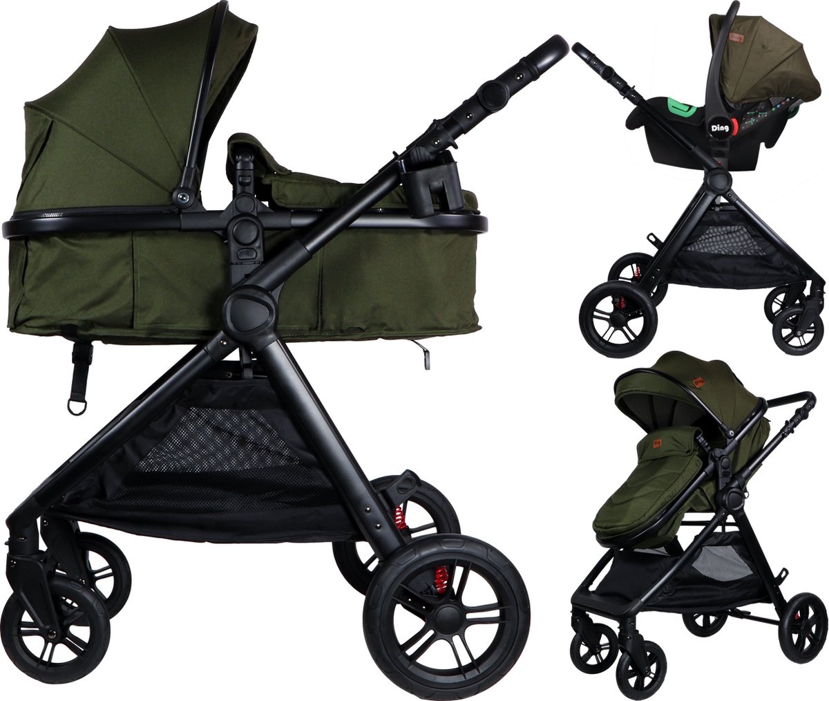 Ding Liam Forest Green 3-in-1 Combi Kinderwagen Incl. Autostoel van Ding