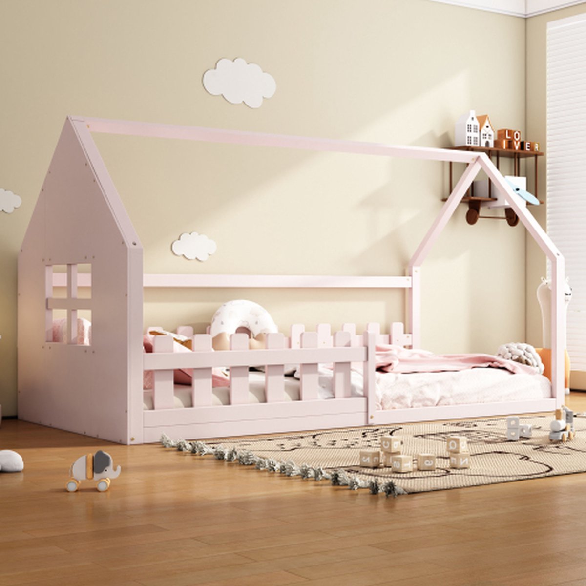 90*200cm plat bed, kinderbed, huisbar, roze