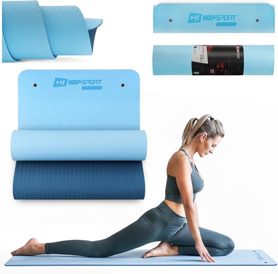 Hop-Sport fitnessmat met oogjes HS-T008GM Yogamat Gymnastiekmat van TPE voor pilates is antislip en opvouwbaar - 183 x 61 x 0,8 cm, Grijs