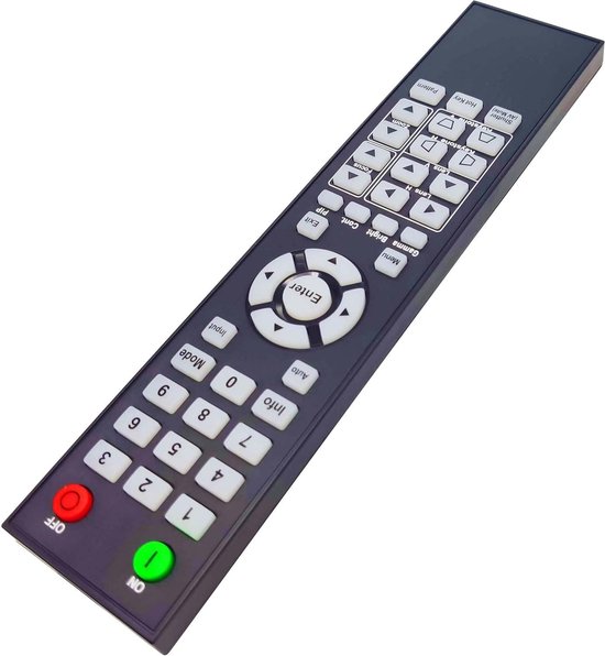 Télécommande noire avec pavé numérique, boutons de navigation et fonctions spécifiques pour projecteur.