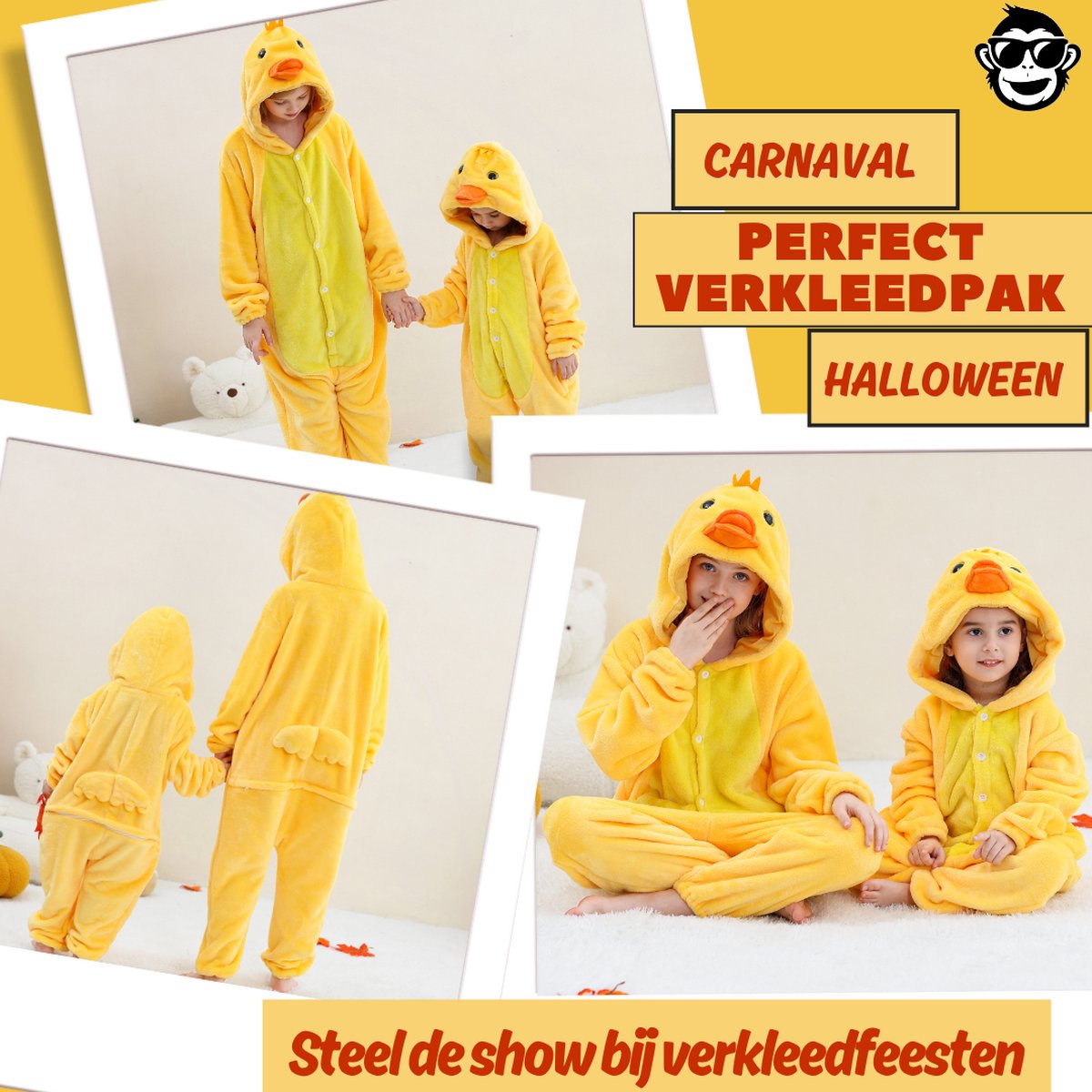 BoefieBoef Dieren Onesie Verkleedkleding Kinderen – Comfortabele Kostuum Pyjama – tot 140 – Dierenpak voor Jongens en Meisjes – Feest, Carnaval Verkleedkleding - Kerst, Dierenpak - of Verjaardag Cadeau - Eend Geel — afbeelding 4