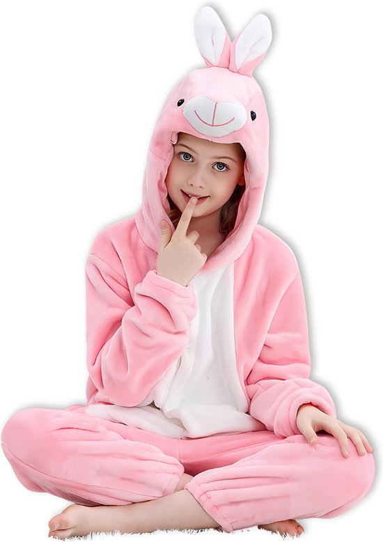 BoefieBoef Dieren Onesie Verkleedkleding Kinderen 10-14 jaar – Comfortabele Kostuum Pyjama – Maat 140 tot 160 – Dierenpak voor Jongens en Meisjes – Feest, Carnaval of Dierenpak - Verkleedkleding - Kerst, Dierenpak - of Verjaardag Cadeau - Konijn Roze