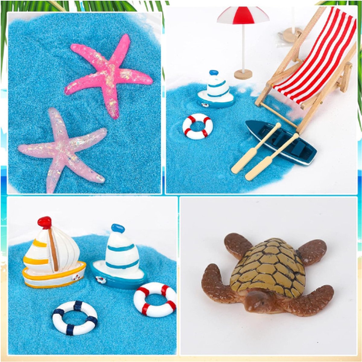 Veemoon Kit de paysage de plage miniature avec palmiers, parasols, chaises longues, accessoires de scène de plage en résine et bois pour maisons de poupées et jardins de fées