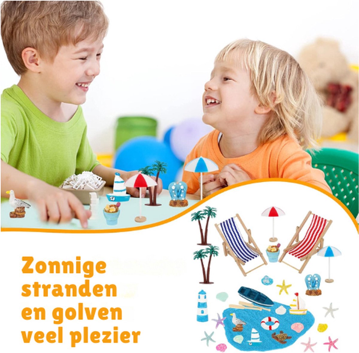 15-delige Strand Mini-decoratieset – Ligstoelen, Parasols, Palmbomen, Vuurtoren, Schelpen En Zand, Voor Terrarium Of Zen-tuin