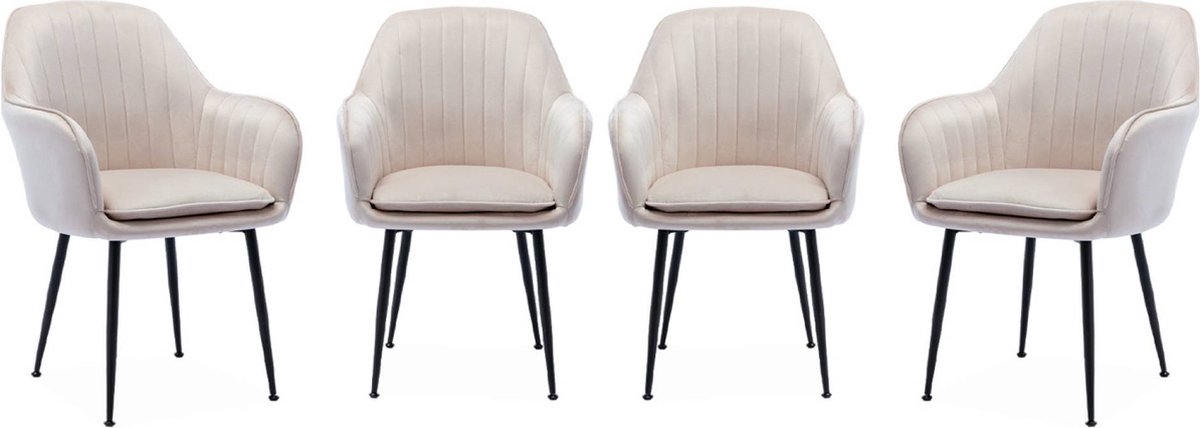 sweeek Set van 4 velours fauteuils met matzwarte metalen poten, shella, l 57 x d 59 x h 84,5 Gebroken wit