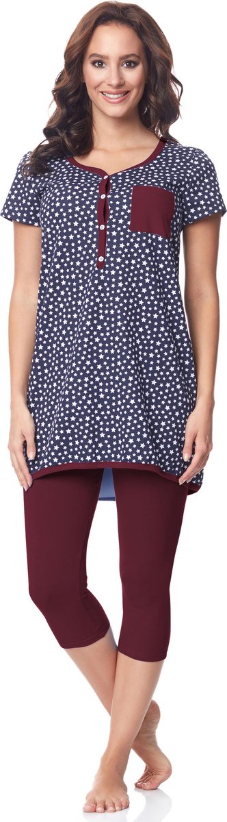 BeMammy Dames Zwangerschapspyjama - Korte mouwen - Korte broek met borstvoedingsfunctie - Katoen - BE-BE20-177-PJ - Marineblauw-Sterren-Wijnrood - M
