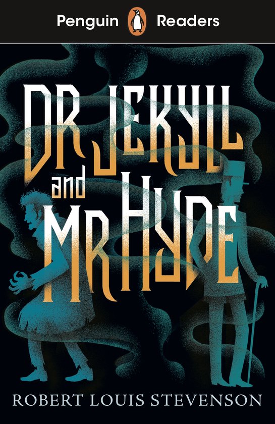 Couverture du livre "Dr Jekyll and Mr Hyde" représentant deux silhouettes bleu sarcelle au premier plan. À droite, un homme portant un chapeau et un manteau; à gauche, une figure voûtée aux griffes. Le titre est en lettres orange, le nom Robert Louis Stevenson en bas.