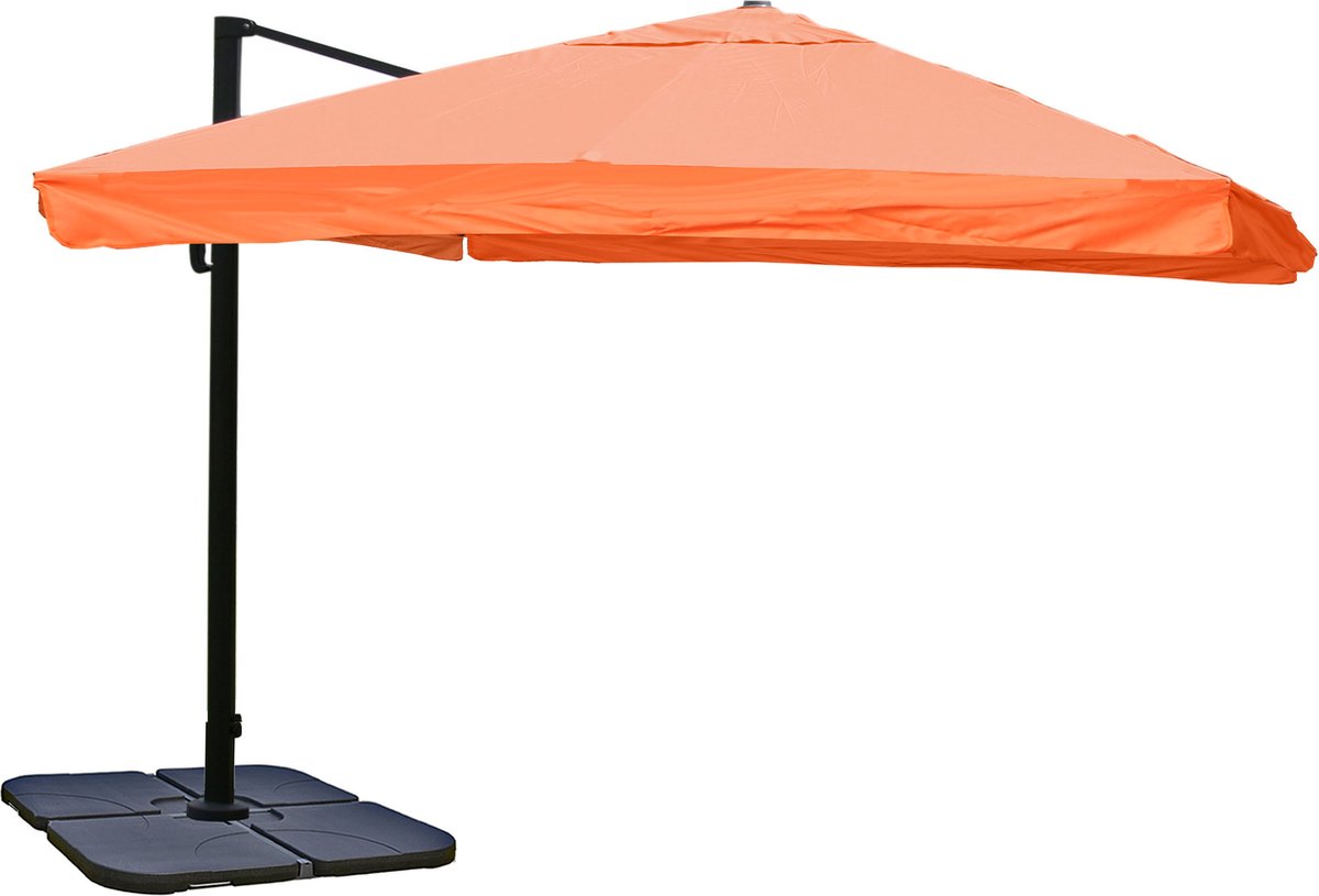 Zweefparasol MCW-A96, horeca, 3x3m (Ø4,24m) polyester aluminium/staal 23kg ~ Flap, terracotta met voet, draaibaar