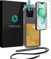 Hoesje Geschikt voor iPhone 13 Pro Pashouder Case Siliconen Hoes Met Koord Met Screenprotector - Hoes Geschikt voor iPhone 13 Pro Met Telefoonkoord Hoesje Back Cover Met Pasjeshouder - Transparant