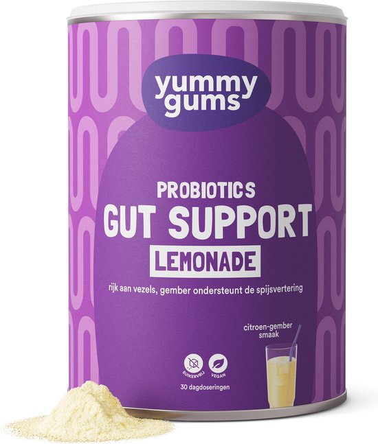 Foto: Yummygums gut support limonade suikervrij gember citroen smaak rijk aan vezels probiotica en enzymen vegan 240g