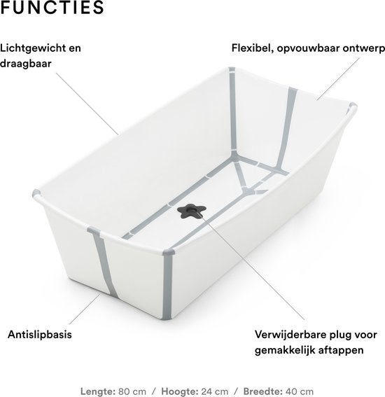 Grote witte Stokke Flexi Bath XL opvouwbare badkuip met grijze accenten, met antislipbasis en aftapplug.
