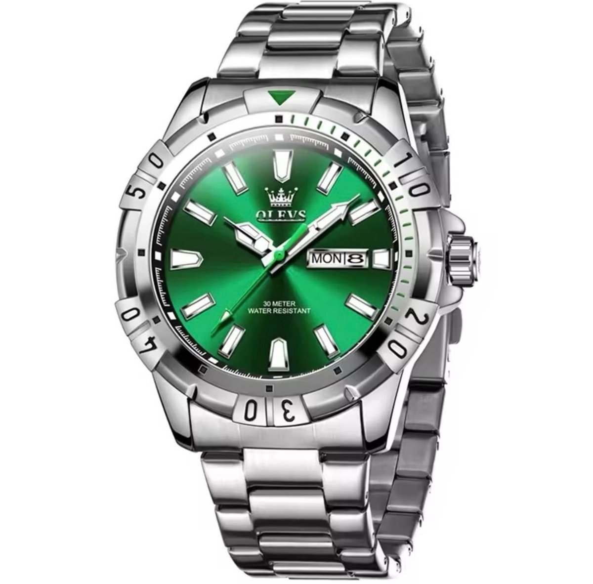 Olevs - Herenhorloge - Mannen - Zilveren Polsband - Groen en Zilver - Horlogedoos -