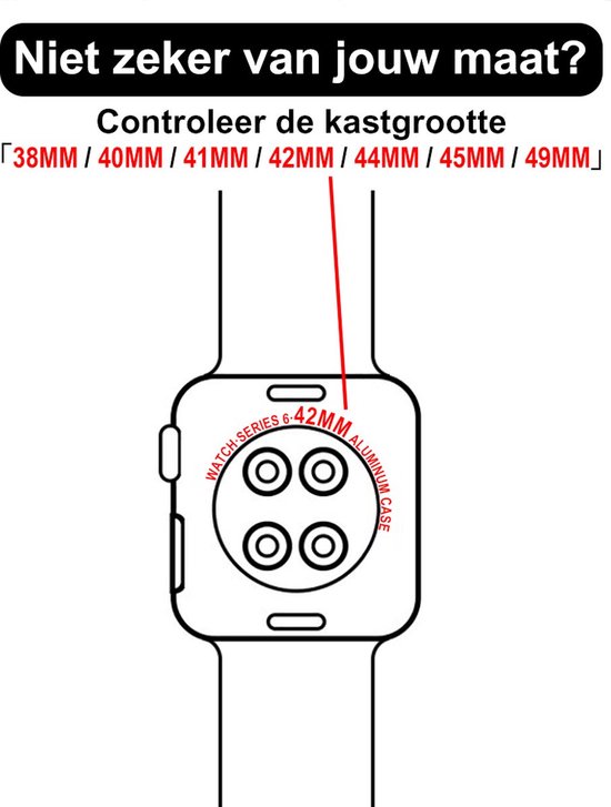 Illustratie van een smartwatch achterkant met rode lijn die 42MM aangeeft.