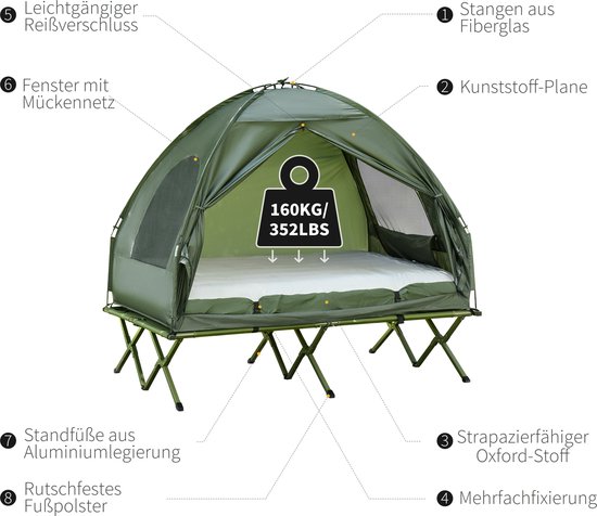 Outsunny Campingtent verhoogd campingbed koepeltent luchtmatras met pomp taft groen A20-087 van Outsunny — afbeelding 3