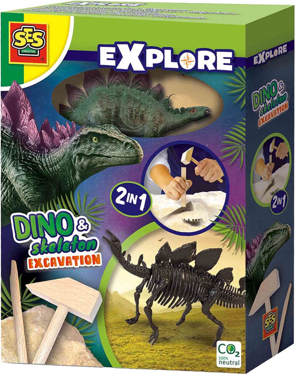 SES Dino en skelet opgraven 2 in 1 Stegosaurus bikblok met skelet complete set met houten hamer en beitel Dinosaurus Speelgoed