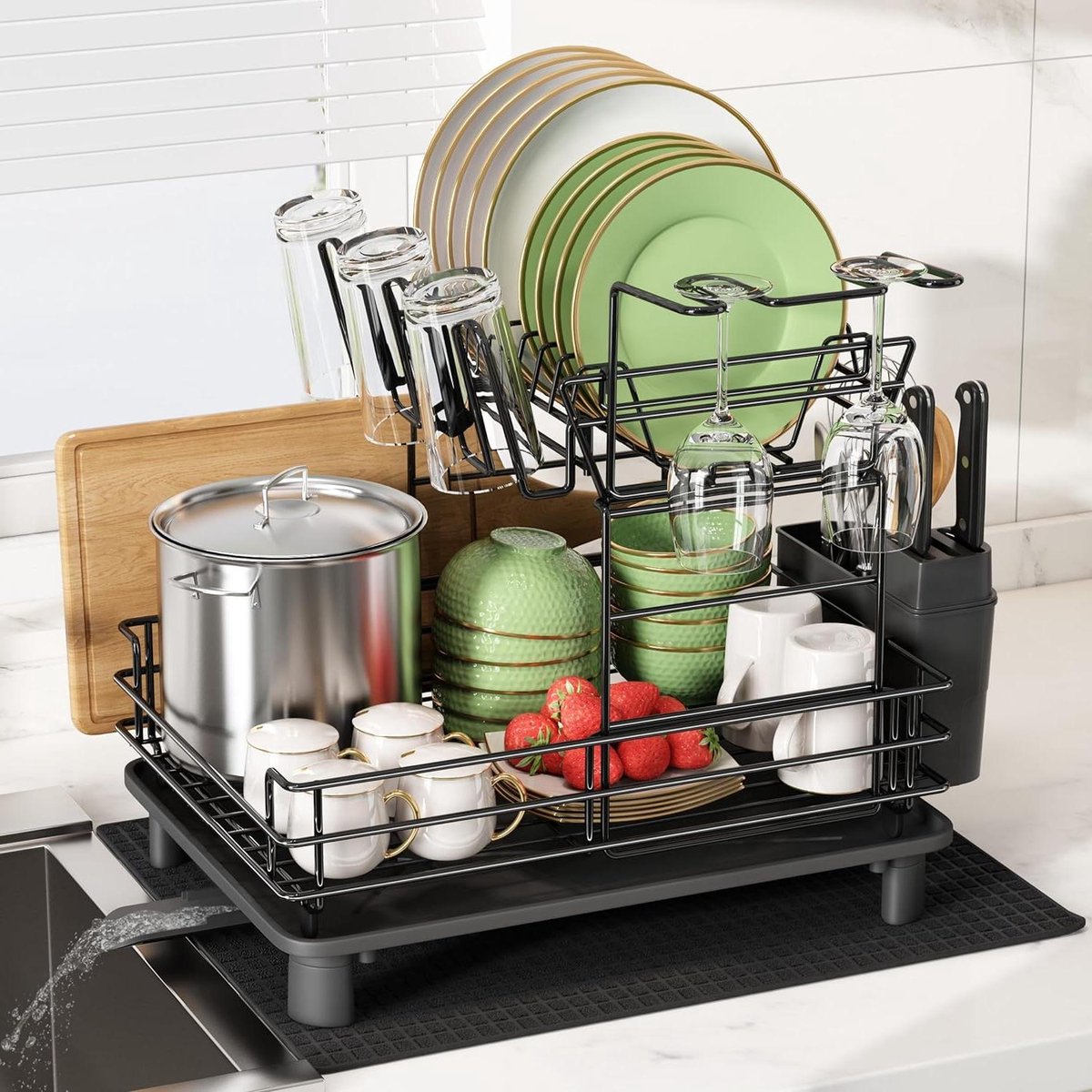 Goedkoopste Groot Afdruiprek - 2 Niveaus Roestvrij Staal met Lekbak en Draaibare Uitloop - Keukengereihouder - Afdruipmat voor Aanrecht