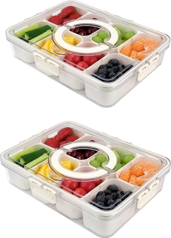 Foto: Verdeeld dienblad met deksel handvat verwijderbare kruidencontainer 8 compartimenten kerstfeest groenten snack fruit noten snoep cracker chips ui gember knoflook 2 stuks 8 