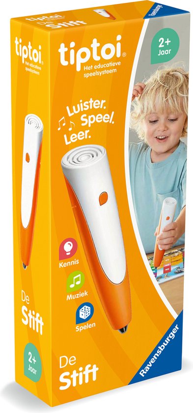 Un enfant avec un stylo tiptoi et un livre, le stylo orange et blanc au premier plan. "Écoute, Joue, Apprends."