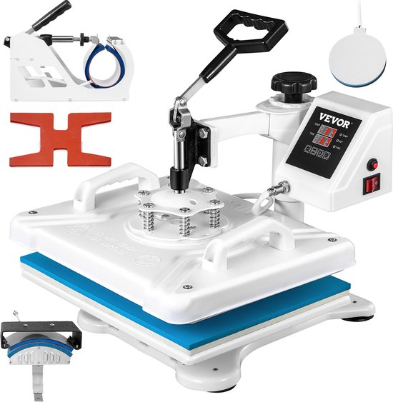 VEVOR 6-in-1 hittepers, warmtepers, 38 x 30 cm, textielsublimatiemachine, warmtepers, 360 graden draaibaar, voor t-shirts/kopjes/hoeden/borden/pet