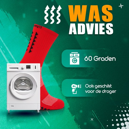 Machine à laver blanche à côté d'une chaussette de sport rouge. Texte : 'Conseils de lavage 60 degrés' et 'Convient également au sèche-linge'.