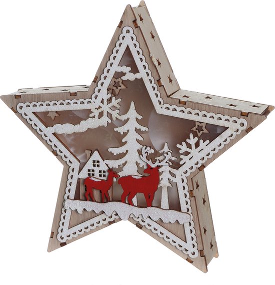 Kerstster Decoratie met LED-licht - Ster met Hert, Sneeuw en Glitters - 22 cm