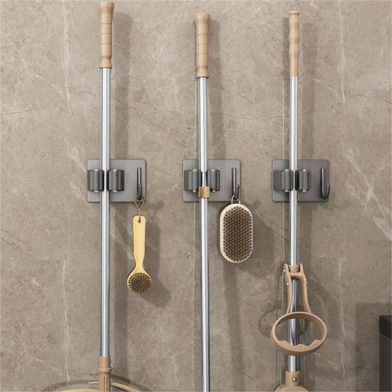 Bezemhouder - Ophangsysteem bezem - 4 stuks - Gereedschapshouder - 4 Houders 4 Haken - Bezem ophangsysteem - Hanger Achter de Deuren - Op Muren - Zelfklevend Tape - voor keuken, tuin, badkamer, garage, balkon, kantoor, grijs van Hinata's Market — afbeelding 4