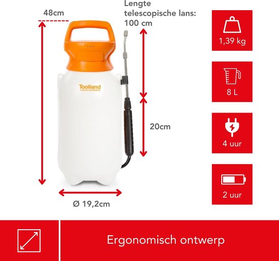 Toolland Drukspuit, elektrisch, herlaadbare batterij, telescopische lans, regelbare sproeikop, schouderriem, 8 liter, wit/oranje/zwart van Merkloos	 — afbeelding 5