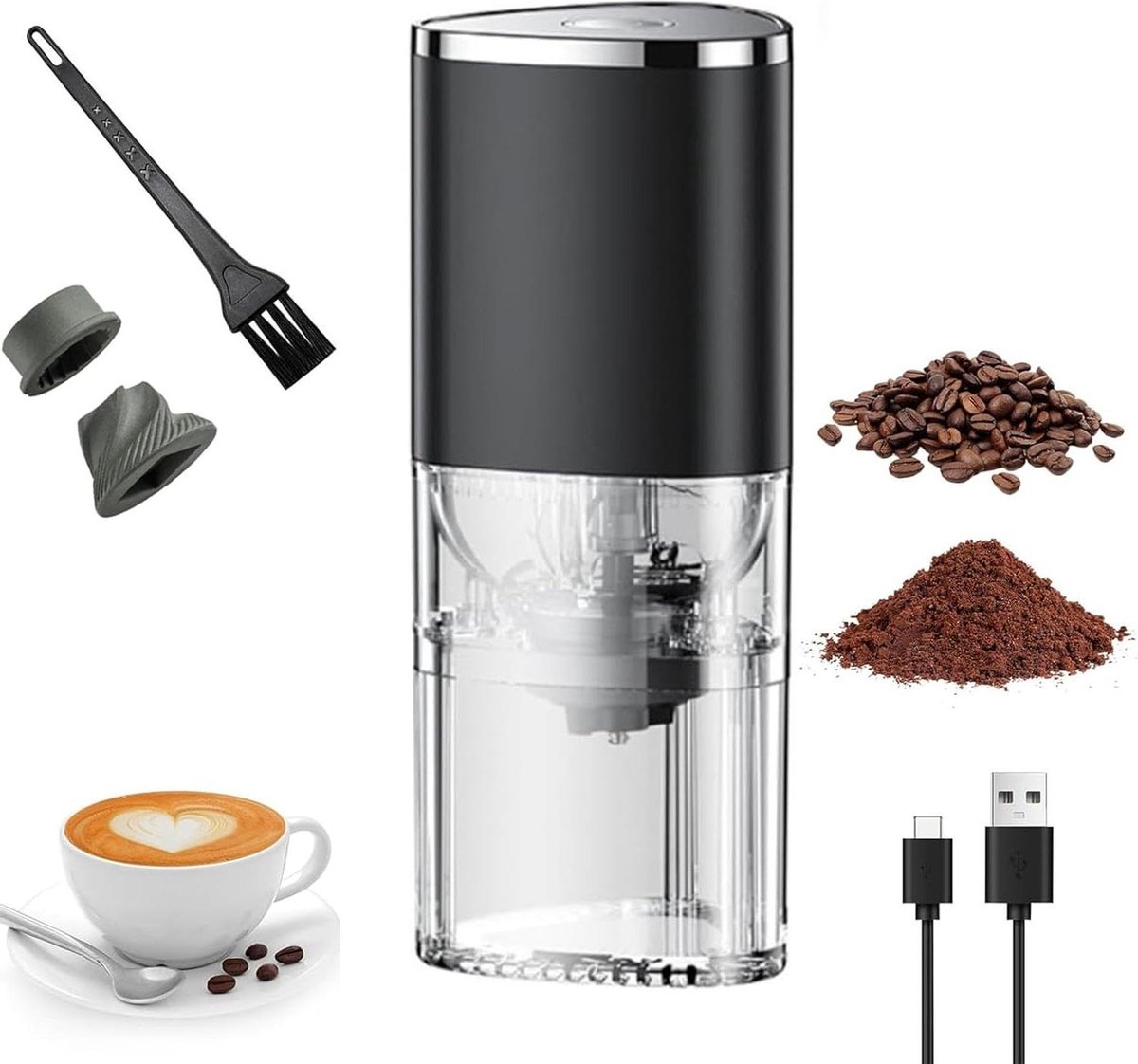 Draagbare Keramische Burr Koffiemolen USB-C Oplaadbaar Verstelbaar Capaciteit 30g Espresso en Reizen Zwart