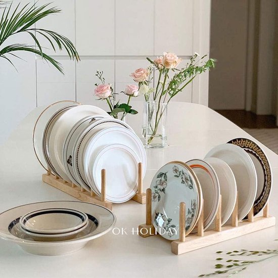 Égouttoir à vaisselle en bois de Bamboe – Set de 2 supports d'assiettes standard – Organiseur d'armoire de cuisine pour bol, tasse, planche à découper, support d'assiettes