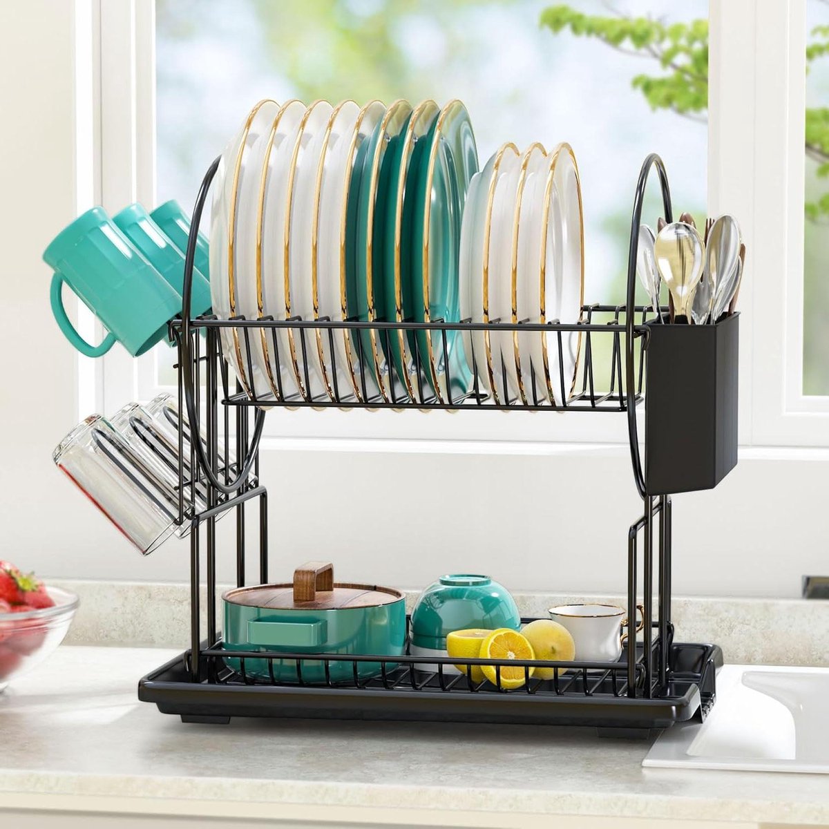 Goedkoopste Afdruiprek met 2 verdiepingen voor serviesgoed van roestvrijstaal - houders voor keukengerei - lekbak droogrek - zwart bordenrek