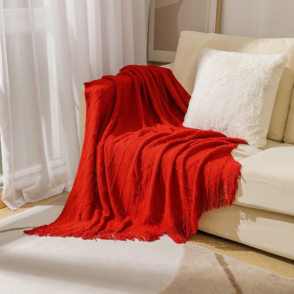 Stevige, zachte, gebreide, decoratieve deken met kwastjes voor een slaapbank, zacht, warm en comfortabel, lichtgewicht voor de lente en zomer (130 cm x 230 cm)
