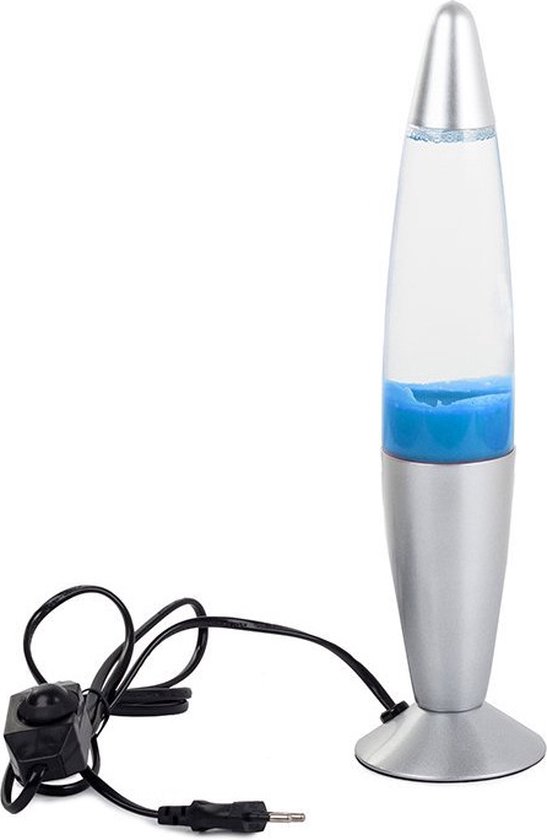 Zilverkleurige lavalampe met transparante buis, gevuld met blauwe vloeistof en bubbels.