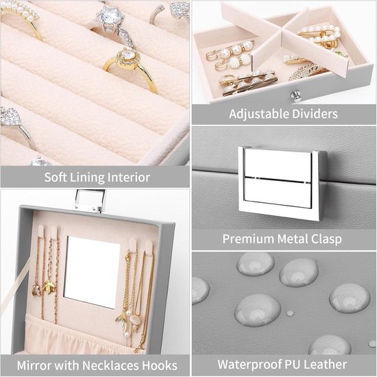 Sieradendoosje organizer met 6 laden en spiegel, grote PU sieradenorganizer vitrine met zijladen, 5 lagen sieradendoosje voor ringen, oorbellen, armbanden, kettingen, grijs