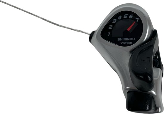 Zilverkleurige Shimano 7-speed SIS INDEX fietshendel met zwarte grip en kabel.