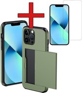 Hoesje Geschikt voor iPhone 14 Pro Max Hoesje Met Pasjeshouder Hard Case Met Kaarthouder Met Screenprotector - Hoes Geschikt voor iPhone 14 Pro Max Hoesje Pashouder Case - Donkergroen