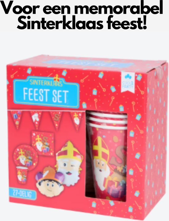 Doos met Sinterklaas feestartikelen: bekers, bordjes en slingers met Sint & Piet.