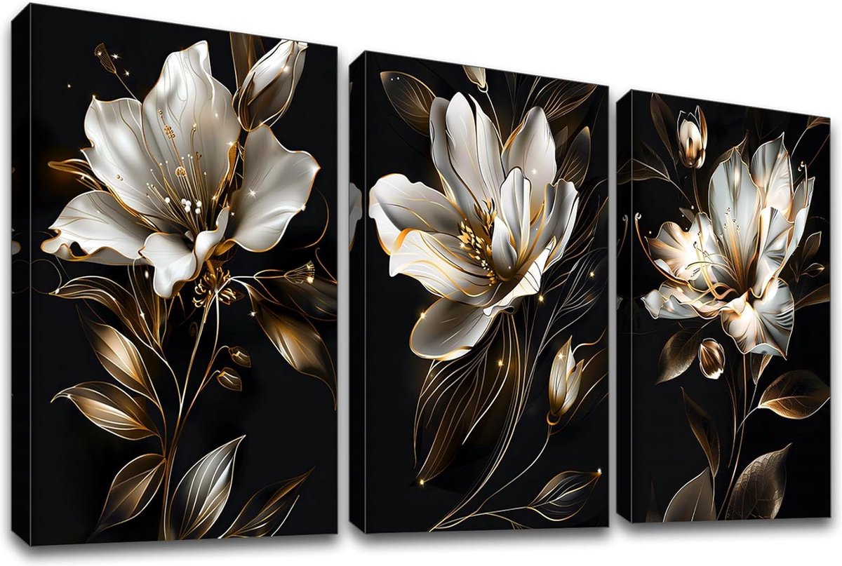 Goodivery ® Moderne Canvas Schilderijen met Zwart Gouden Lelies en Lijsten voor Woonkamer, Slaapkamer en Eetkamer