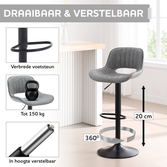 Yaheetech Barkrukken, set van 2, in hoogte verstelbaar, 360 graden draaibaar, keukenstoelen met rugleuning en voetensteun, barstoel, PU-leer, zithoogte 62,5 cm - 84,5 cm, voor de keuken, bruin