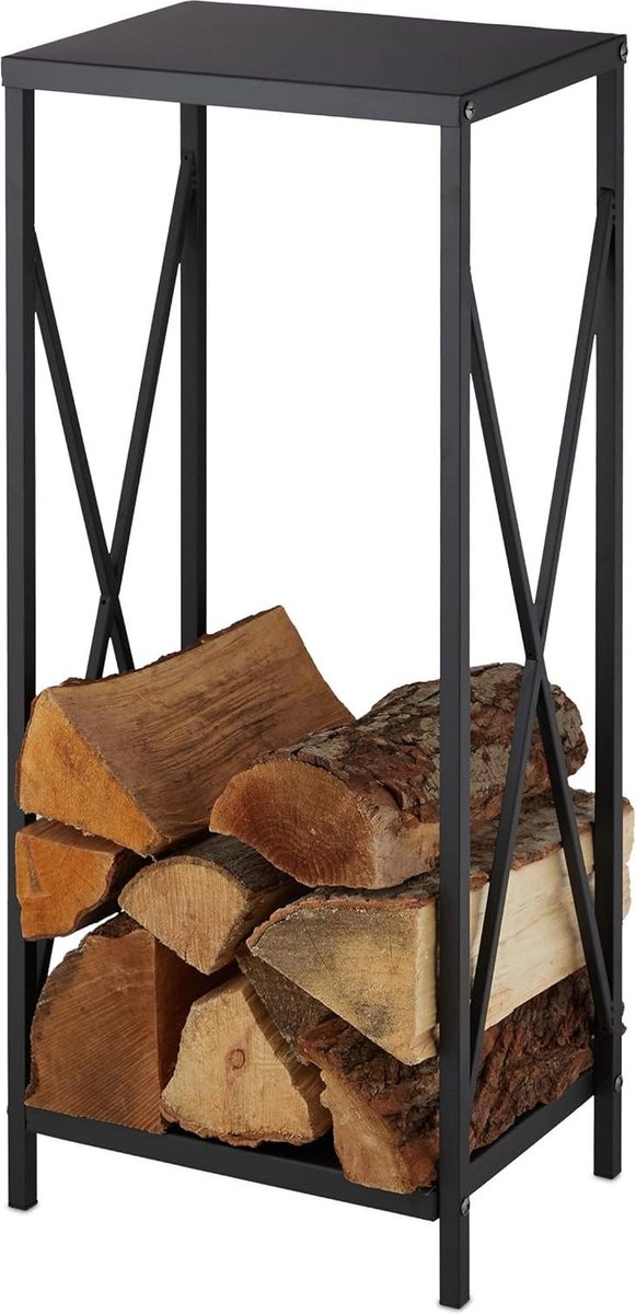 Haardhoutopslag Houtopberging 80x34x25 cm Poedercoating Zwart Relaxdays Brandhoutrek