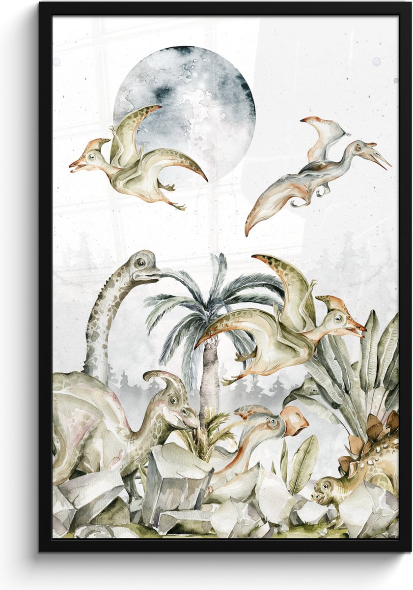 Poster in fotolijst kind - Dinosaurus - Kinderen - Jungle - Groen - Dieren - Natuur - Wanddecoratie jongens - Poster Dinosaurus - 60x90 cm - Schilderij voor kinderen