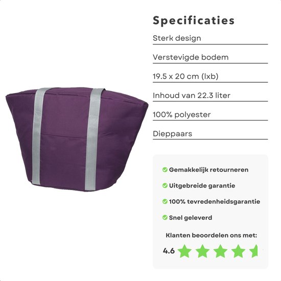 Cheqo® Geïsoleerde Koeltas - 22,3 liter - Paars - Isolerend - Thermische Binnenkant - Dubbel Handvat - Rits - 18,5 x 18 cm - Verstevigde Bodem - Voor Picknick & Boodschappen van Cheqo — afbeelding 2