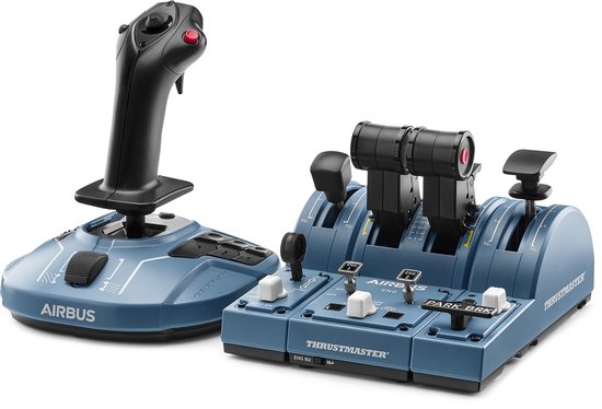 Zwarte joystick en een grijs Airbus gasknooppaneel op een witte achtergrond.